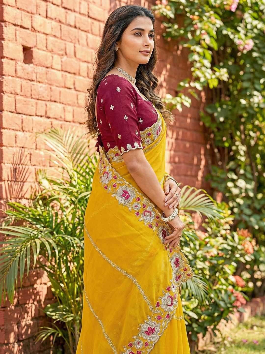 Sophisticated Yellow Striped Pattern Georgette Saree With Floral Thread Embroidered Border
