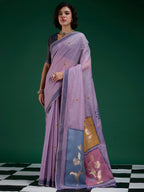 Designer Light Lavender Jamdani Cotton Silk Saree With Floral Zari Weaving & Tassel Pallu