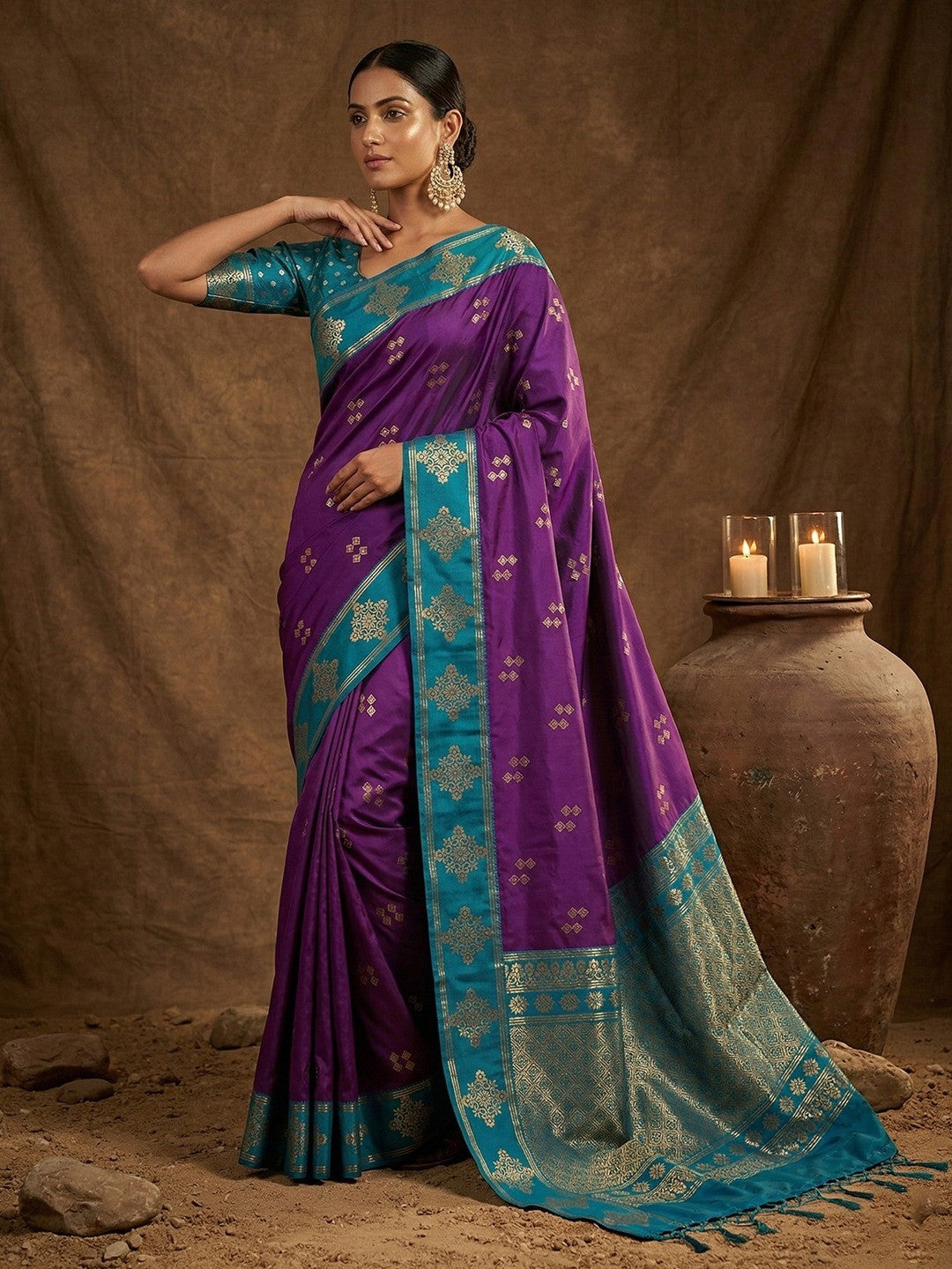 Elegant Violet Silk Blend Saree with Zari Weaving and Tassel Pallu