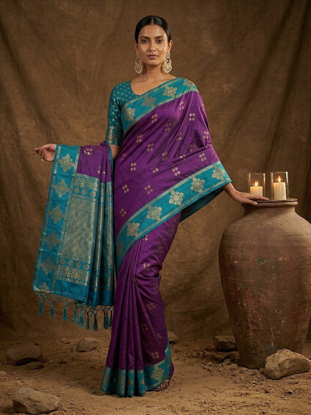 Elegant Violet Silk Blend Saree with Zari Weaving and Tassel Pallu