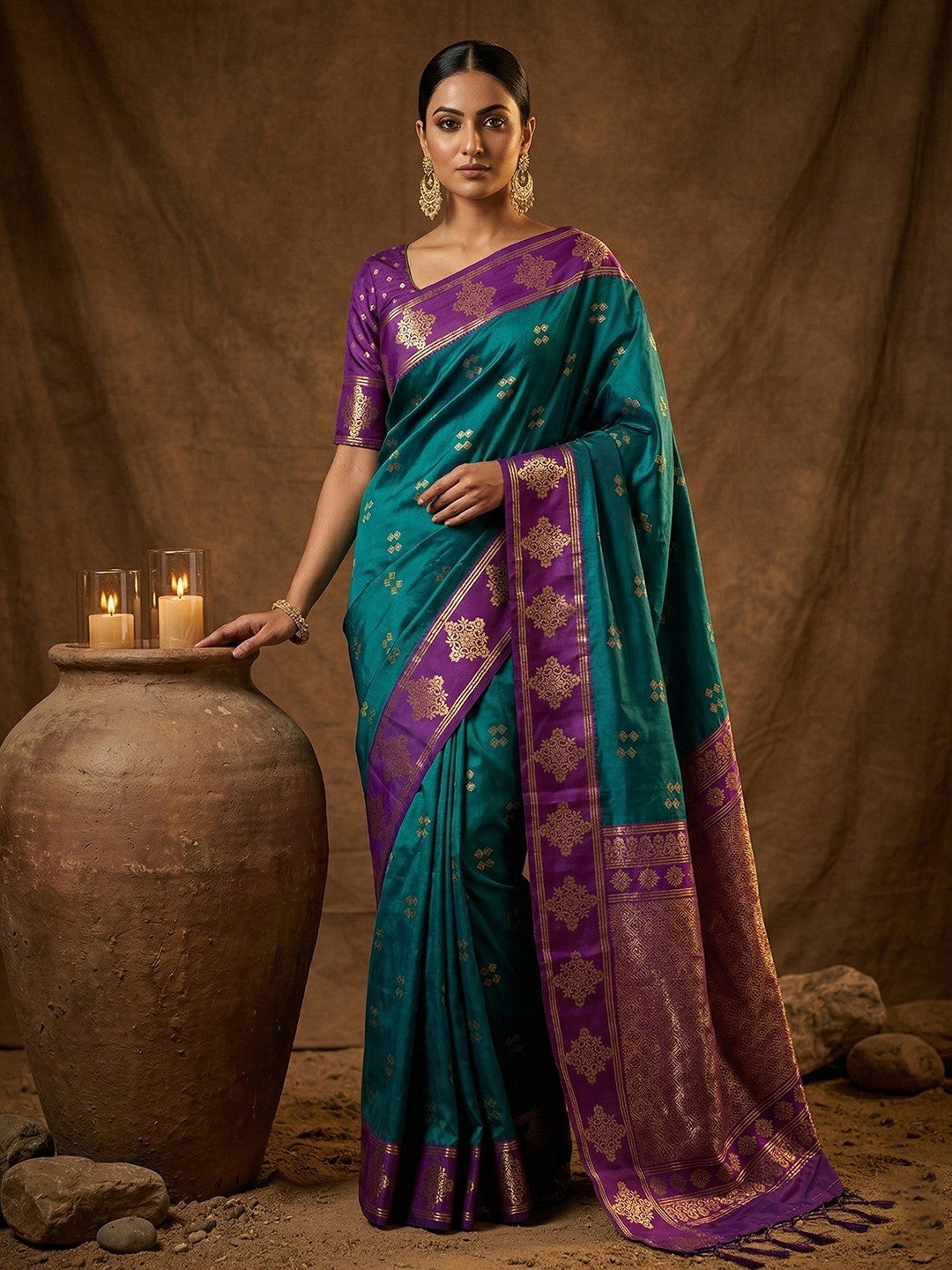 Elegant Teal Floral Motif Silk Blend Saree Featuring Intricate Zari Weaving With Tassel Pallu
