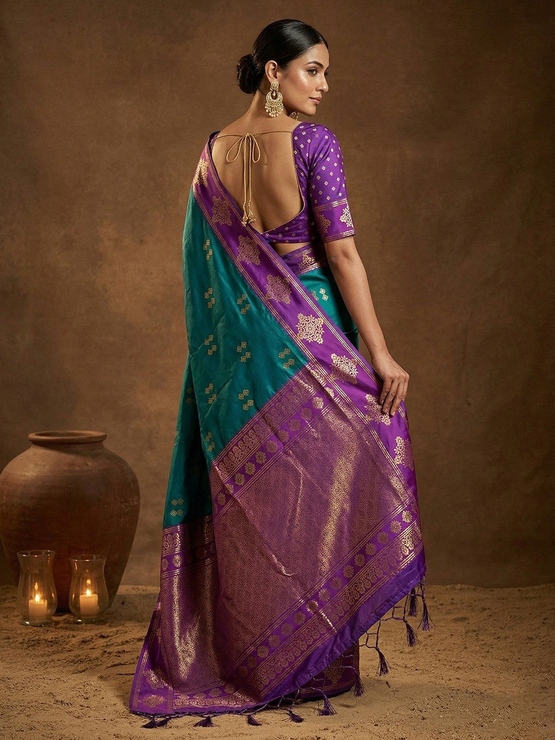 Elegant Teal Floral Motif Silk Blend Saree Featuring Intricate Zari Weaving With Tassel Pallu