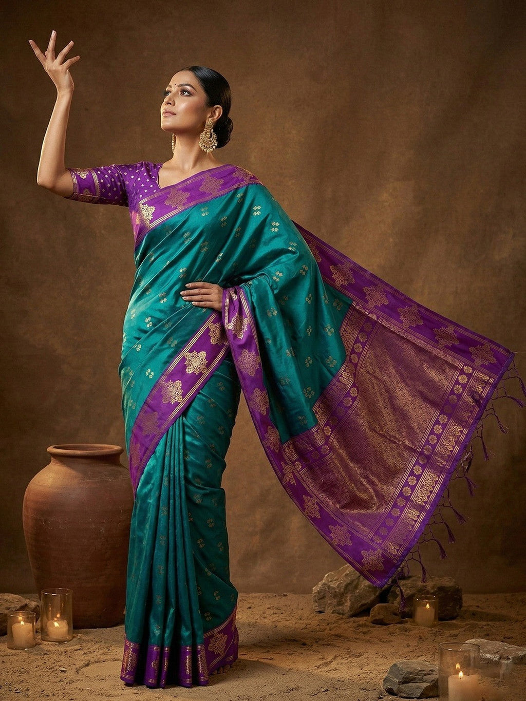 Elegant Teal Floral Motif Silk Blend Saree Featuring Intricate Zari Weaving With Tassel Pallu