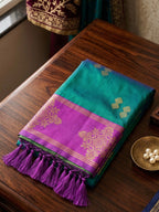Elegant Teal Floral Motif Silk Blend Saree Featuring Intricate Zari Weaving With Tassel Pallu