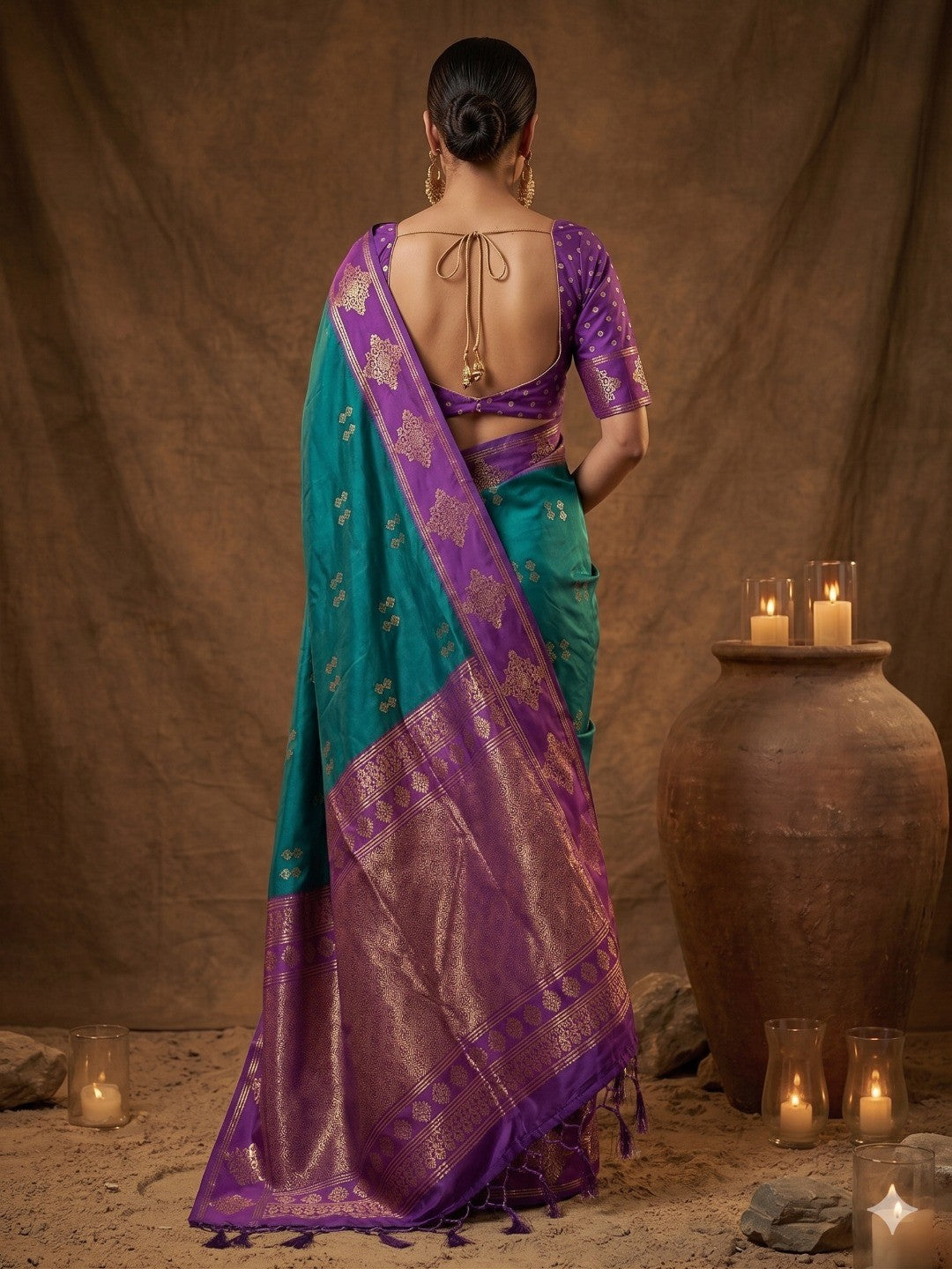 Elegant Teal Floral Motif Silk Blend Saree Featuring Intricate Zari Weaving With Tassel Pallu