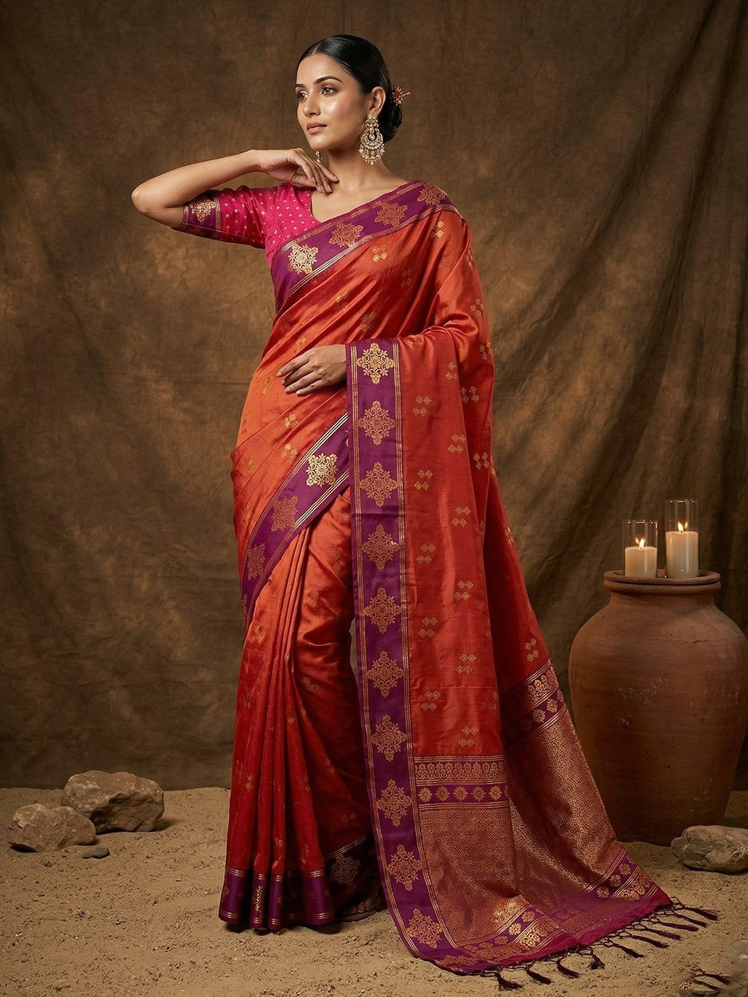 Elegant Orange Silk Blend Saree with Zari Work Border