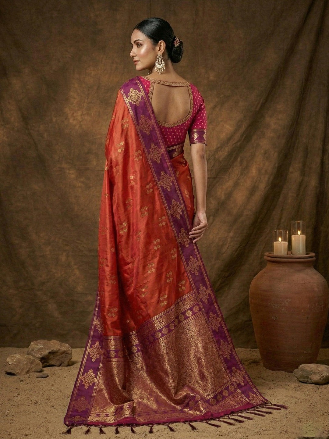 Elegant Orange Silk Blend Saree with Zari Work Border