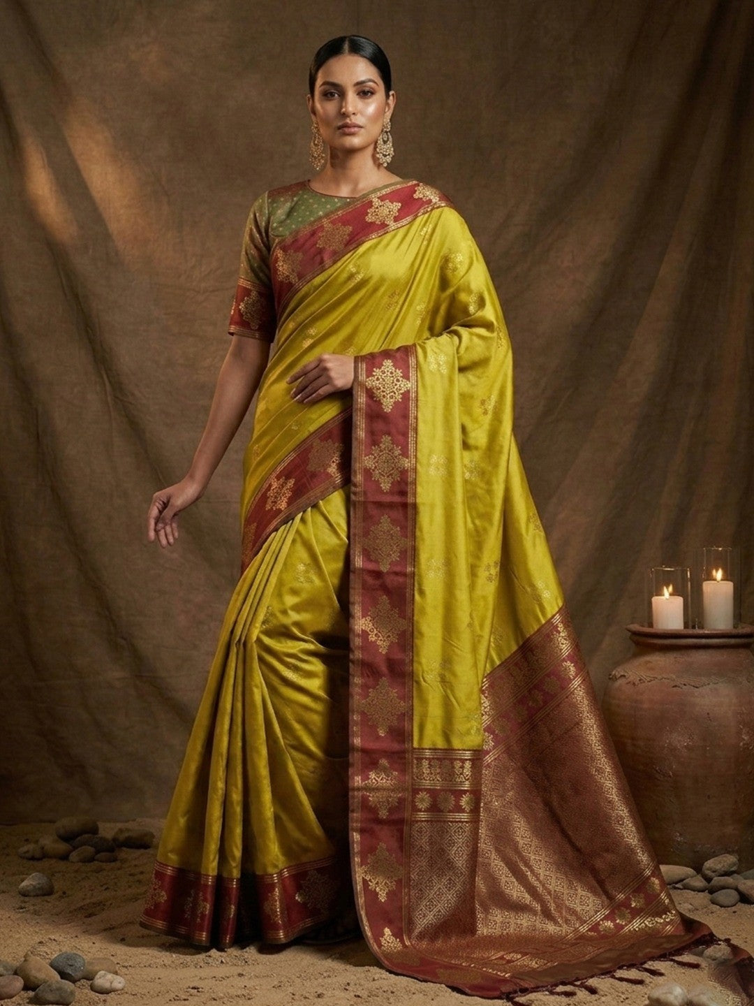 Designer Mustard Silk Blend Saree with Zari Work Border Modern Ethnic Style