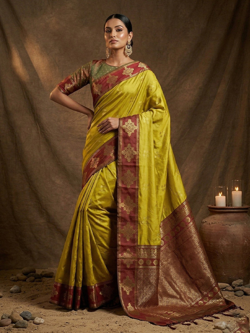 Designer Mustard Silk Blend Saree with Zari Work Border Modern Ethnic Style