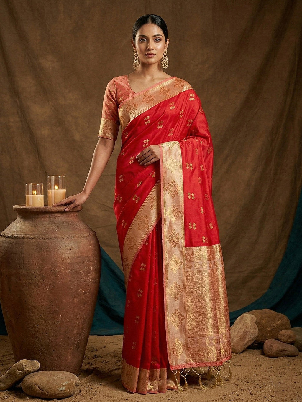 Elegant Red Floral Motif Silk Blend Saree Featuring Intricate Zari Weaving With Tassel Pallu