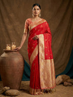 Elegant Red Floral Motif Silk Blend Saree Featuring Intricate Zari Weaving With Tassel Pallu