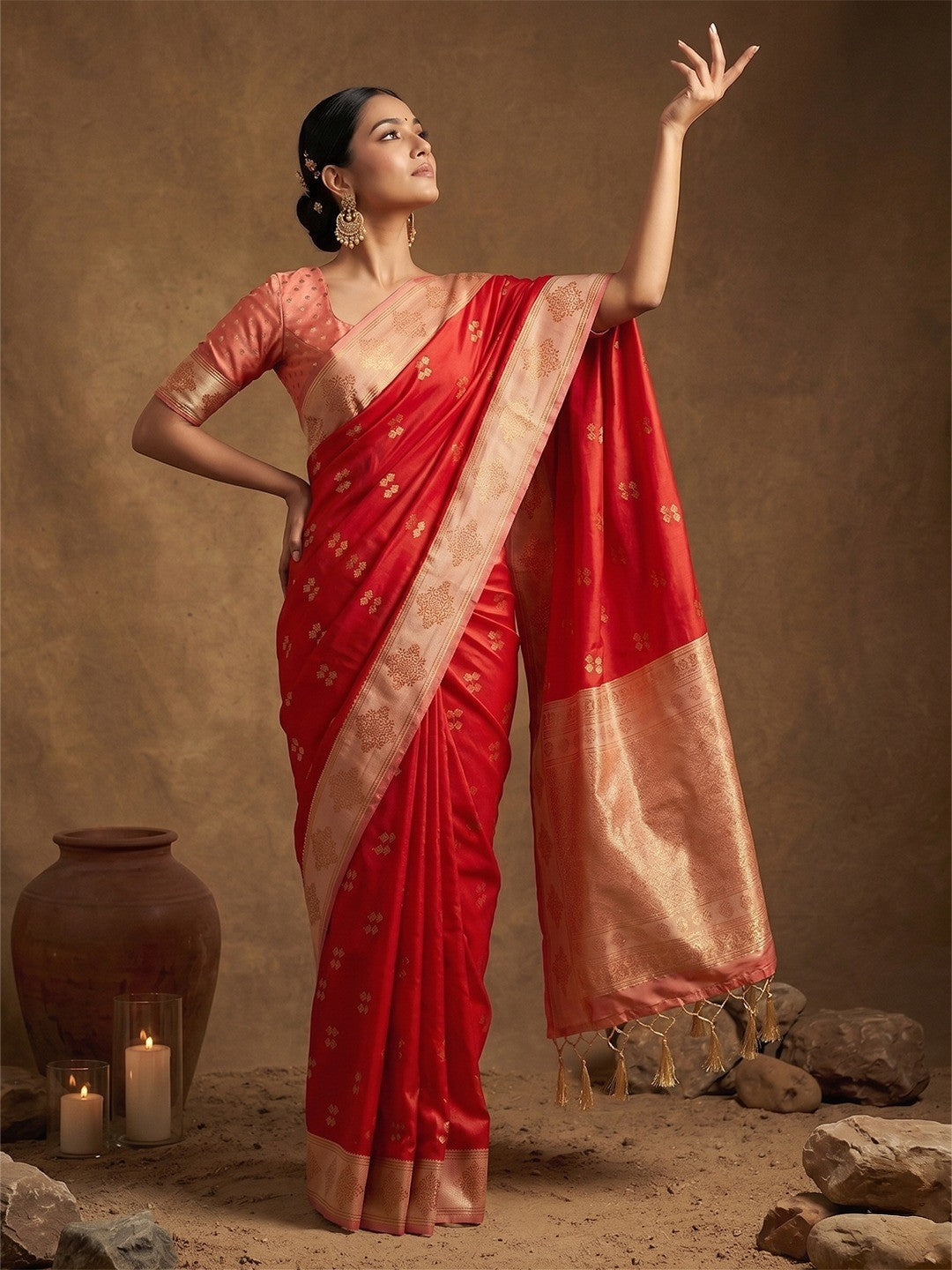 Elegant Red Floral Motif Silk Blend Saree Featuring Intricate Zari Weaving With Tassel Pallu