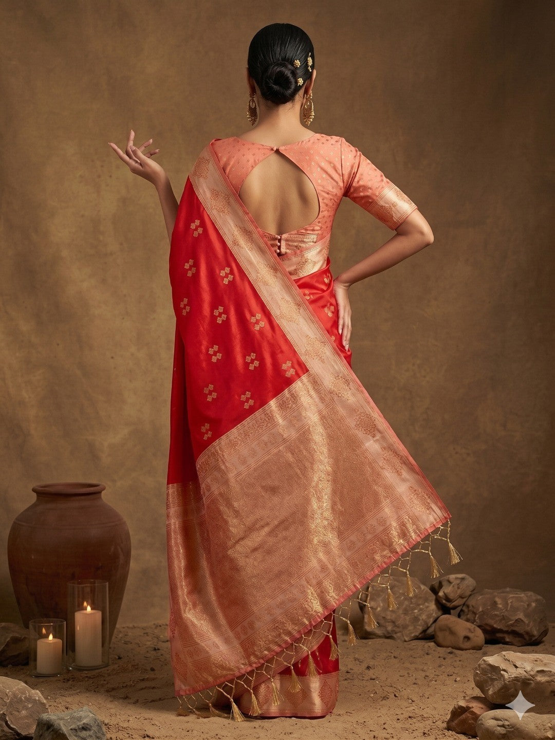 Elegant Red Floral Motif Silk Blend Saree Featuring Intricate Zari Weaving With Tassel Pallu