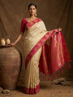 Elegant Cream Floral Motif Silk Blend Saree Featuring Intricate Zari Weaving With Tassel Pallu