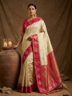 Elegant Cream Floral Motif Silk Blend Saree Featuring Intricate Zari Weaving With Tassel Pallu
