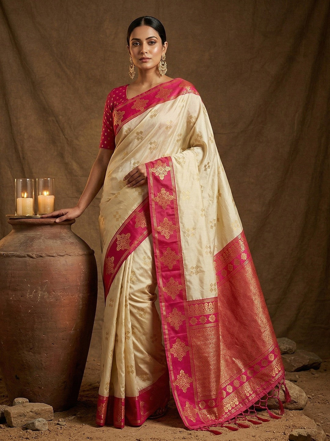 Elegant Cream Floral Motif Silk Blend Saree Featuring Intricate Zari Weaving With Tassel Pallu