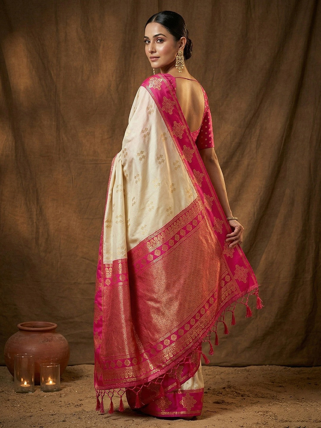 Elegant Cream Floral Motif Silk Blend Saree Featuring Intricate Zari Weaving With Tassel Pallu