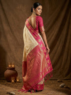 Elegant Cream Floral Motif Silk Blend Saree Featuring Intricate Zari Weaving With Tassel Pallu