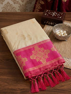 Elegant Cream Floral Motif Silk Blend Saree Featuring Intricate Zari Weaving With Tassel Pallu