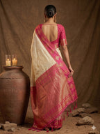 Elegant Cream Floral Motif Silk Blend Saree Featuring Intricate Zari Weaving With Tassel Pallu