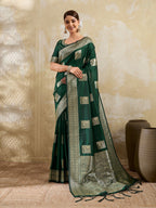 Green Peacock & Floral Motif Zari Weaving Silk Blend Saree With Unstitched Blouse Peice
