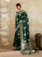 Green Peacock & Floral Motif Zari Weaving Silk Blend Saree With Unstitched Blouse Peice