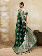Green Peacock & Floral Motif Zari Weaving Silk Blend Saree With Unstitched Blouse Peice