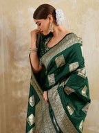 Green Peacock & Floral Motif Zari Weaving Silk Blend Saree With Unstitched Blouse Peice