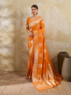 Designer Orange Peacock & Floral Motif Silk Blend Saree Crafted With Elegant Zari Weaving Work