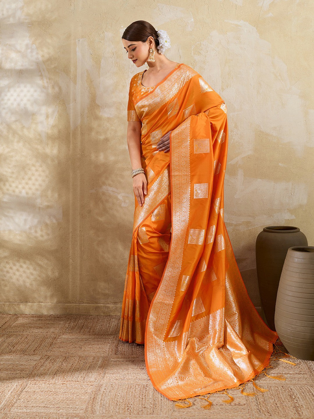 Designer Orange Peacock & Floral Motif Silk Blend Saree Crafted With Elegant Zari Weaving Work