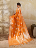 Designer Orange Peacock & Floral Motif Silk Blend Saree Crafted With Elegant Zari Weaving Work
