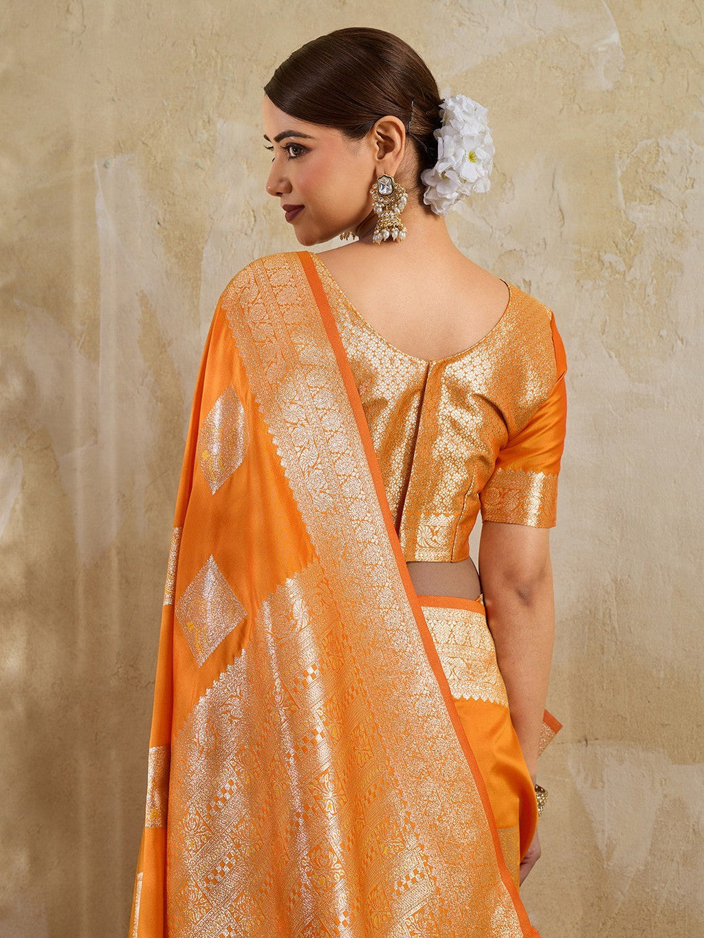 Designer Orange Peacock & Floral Motif Silk Blend Saree Crafted With Elegant Zari Weaving Work