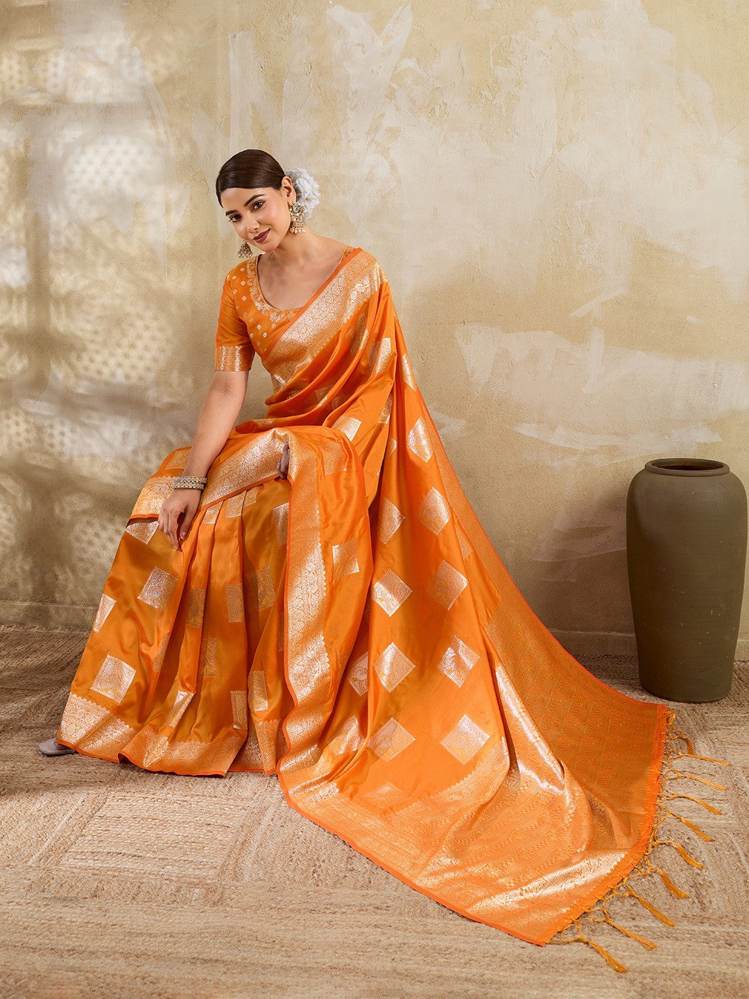 Designer Orange Peacock & Floral Motif Silk Blend Saree Crafted With Elegant Zari Weaving Work