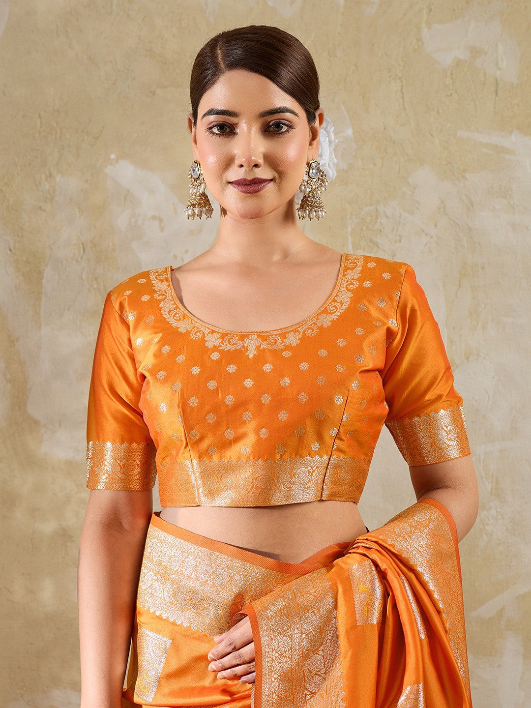 Designer Orange Peacock & Floral Motif Silk Blend Saree Crafted With Elegant Zari Weaving Work