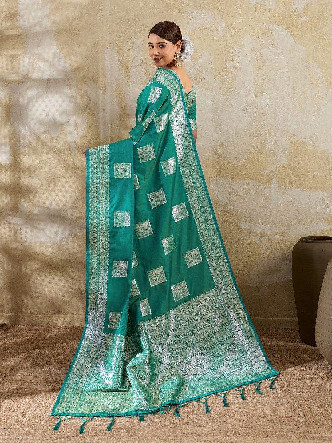 Sea Green Silk Blend Saree with Delicate Zari Work Lightweight Festive Style