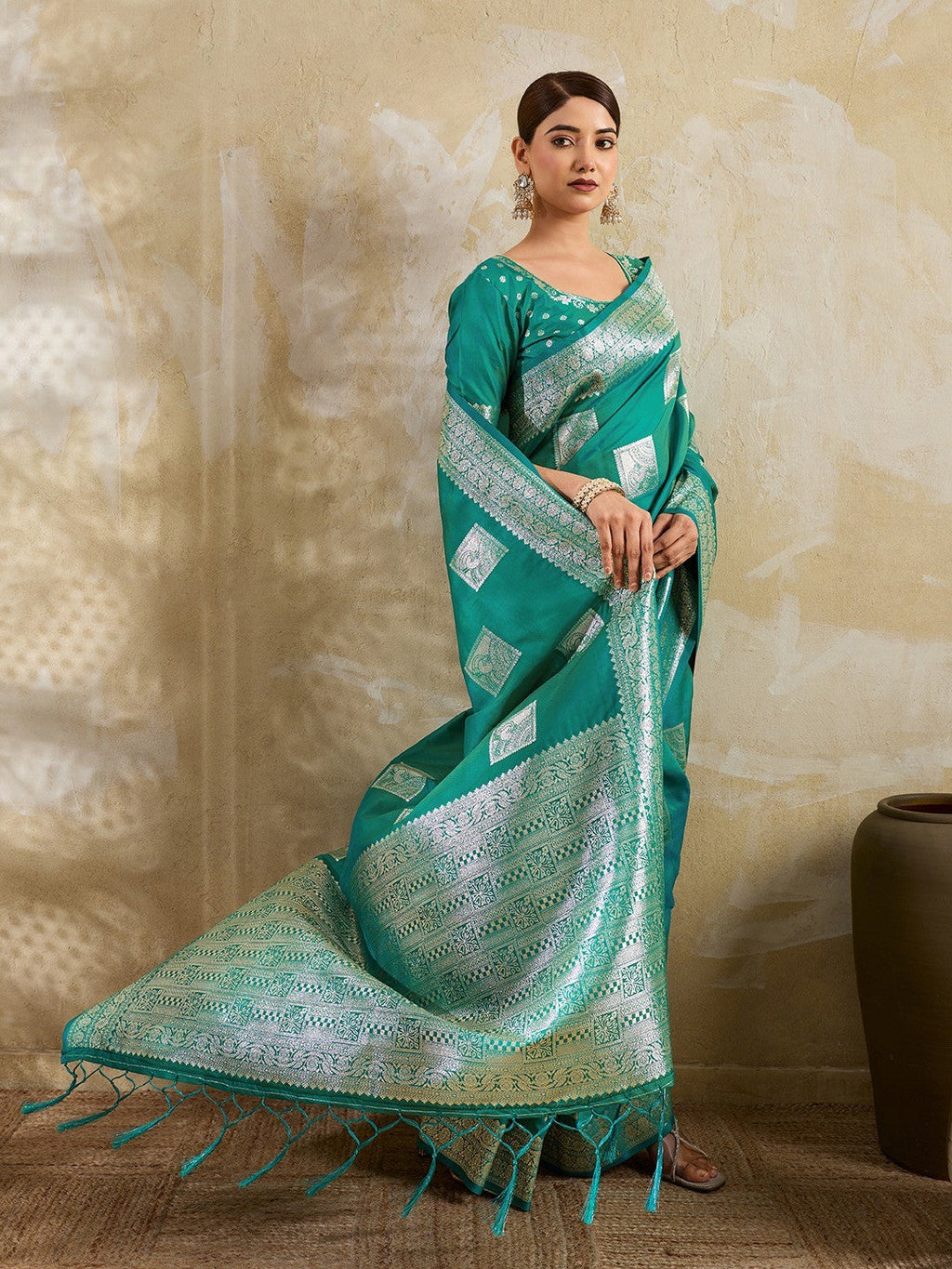 Sea Green Silk Blend Saree with Delicate Zari Work Lightweight Festive Style