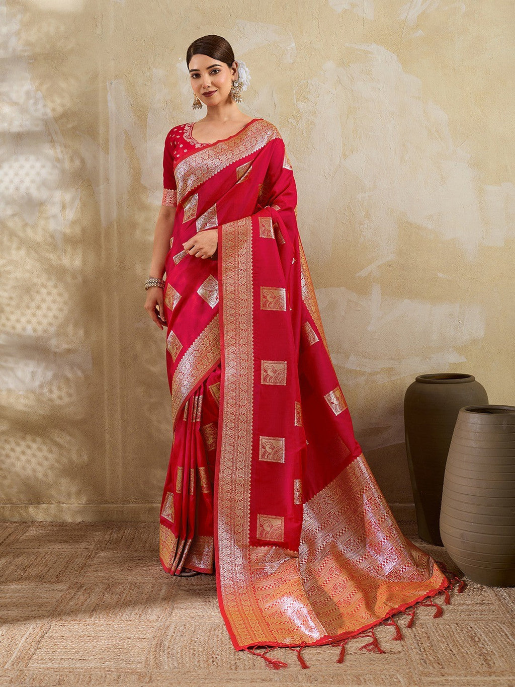 Designer Red Peacock & Floral Motif Silk Blend Saree Crafted With Elegant Zari Weaving Work