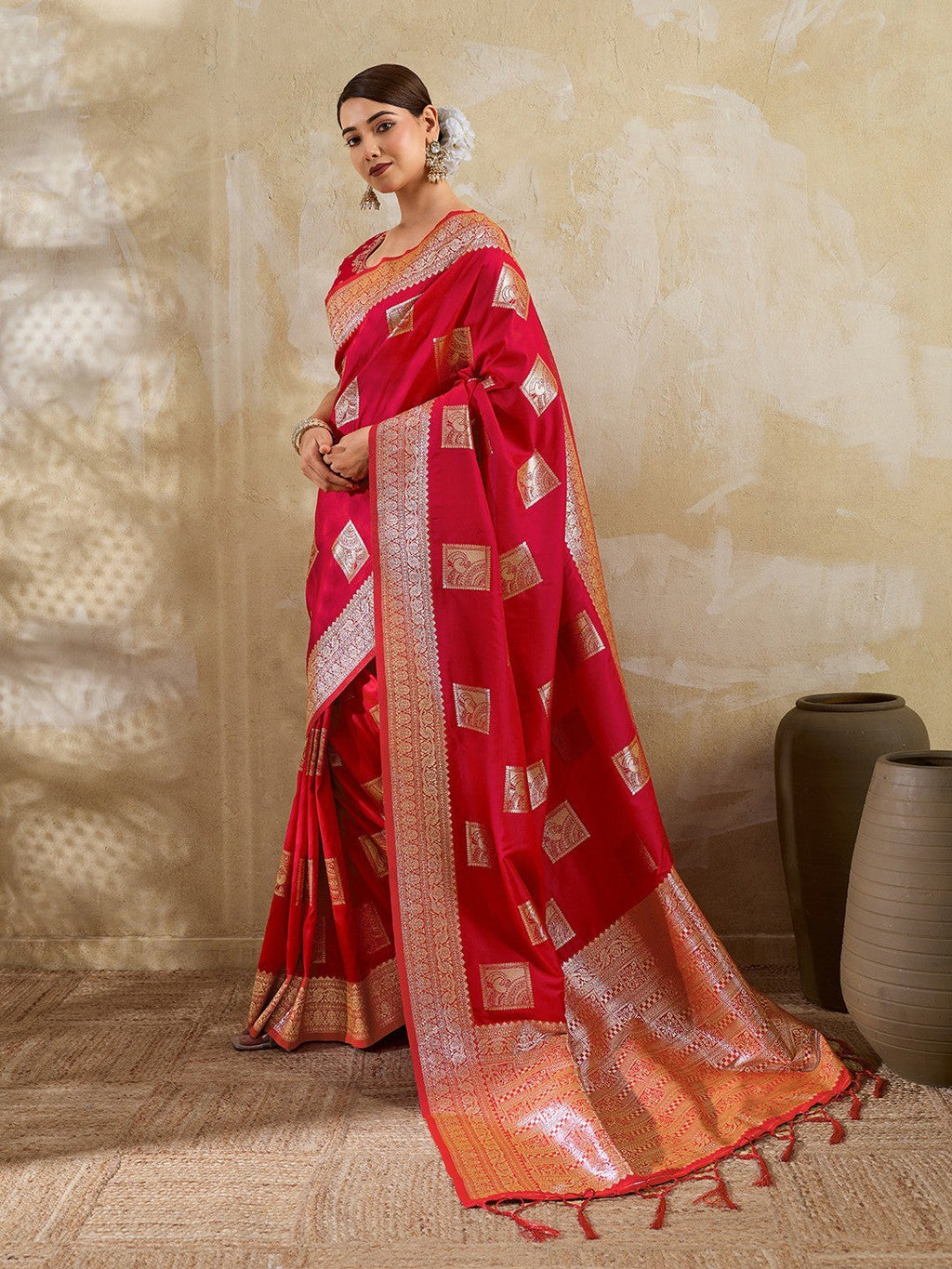 Designer Red Peacock & Floral Motif Silk Blend Saree Crafted With Elegant Zari Weaving Work