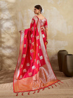 Designer Red Peacock & Floral Motif Silk Blend Saree Crafted With Elegant Zari Weaving Work