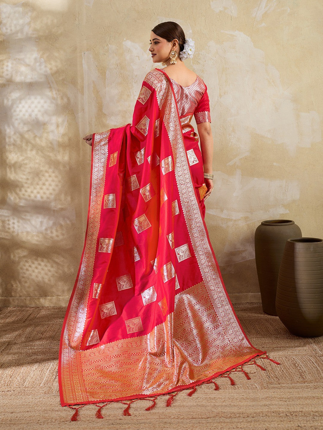 Designer Red Peacock & Floral Motif Silk Blend Saree Crafted With Elegant Zari Weaving Work