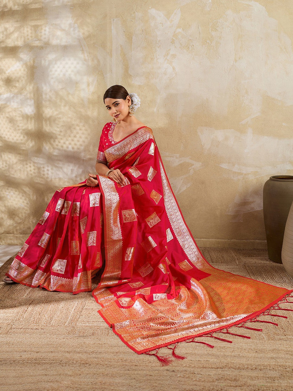 Designer Red Peacock & Floral Motif Silk Blend Saree Crafted With Elegant Zari Weaving Work