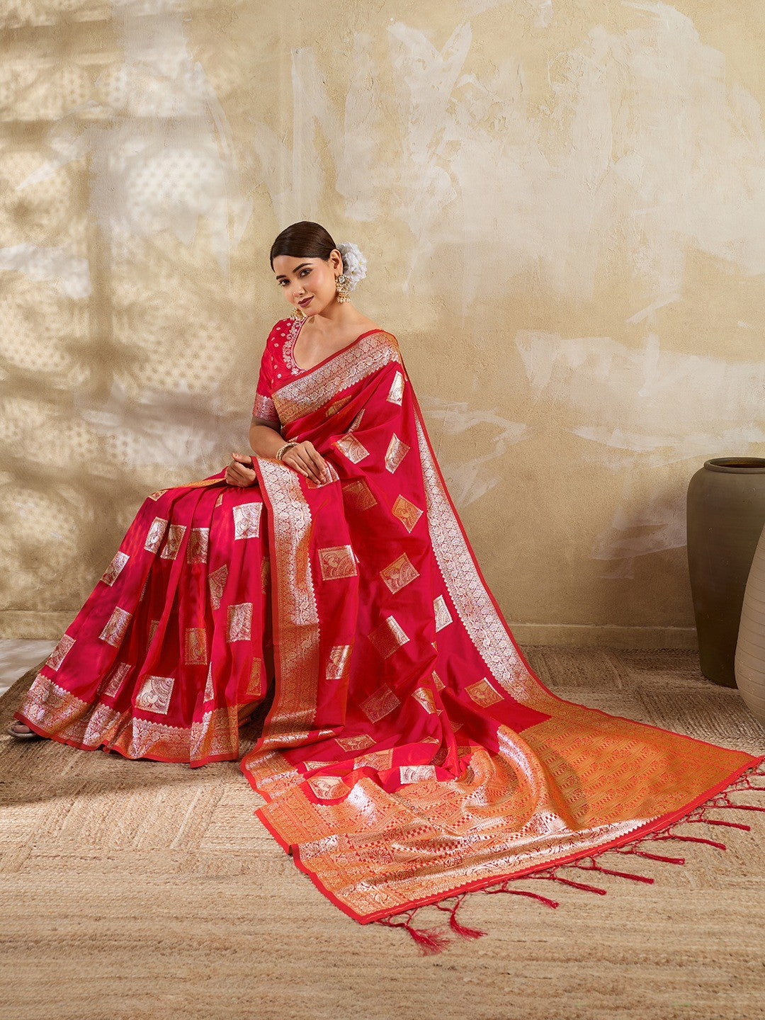 Designer Red Peacock & Floral Motif Silk Blend Saree Crafted With Elegant Zari Weaving Work