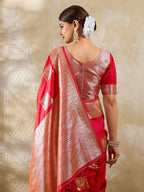 Designer Red Peacock & Floral Motif Silk Blend Saree Crafted With Elegant Zari Weaving Work