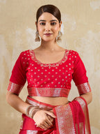 Designer Red Peacock & Floral Motif Silk Blend Saree Crafted With Elegant Zari Weaving Work