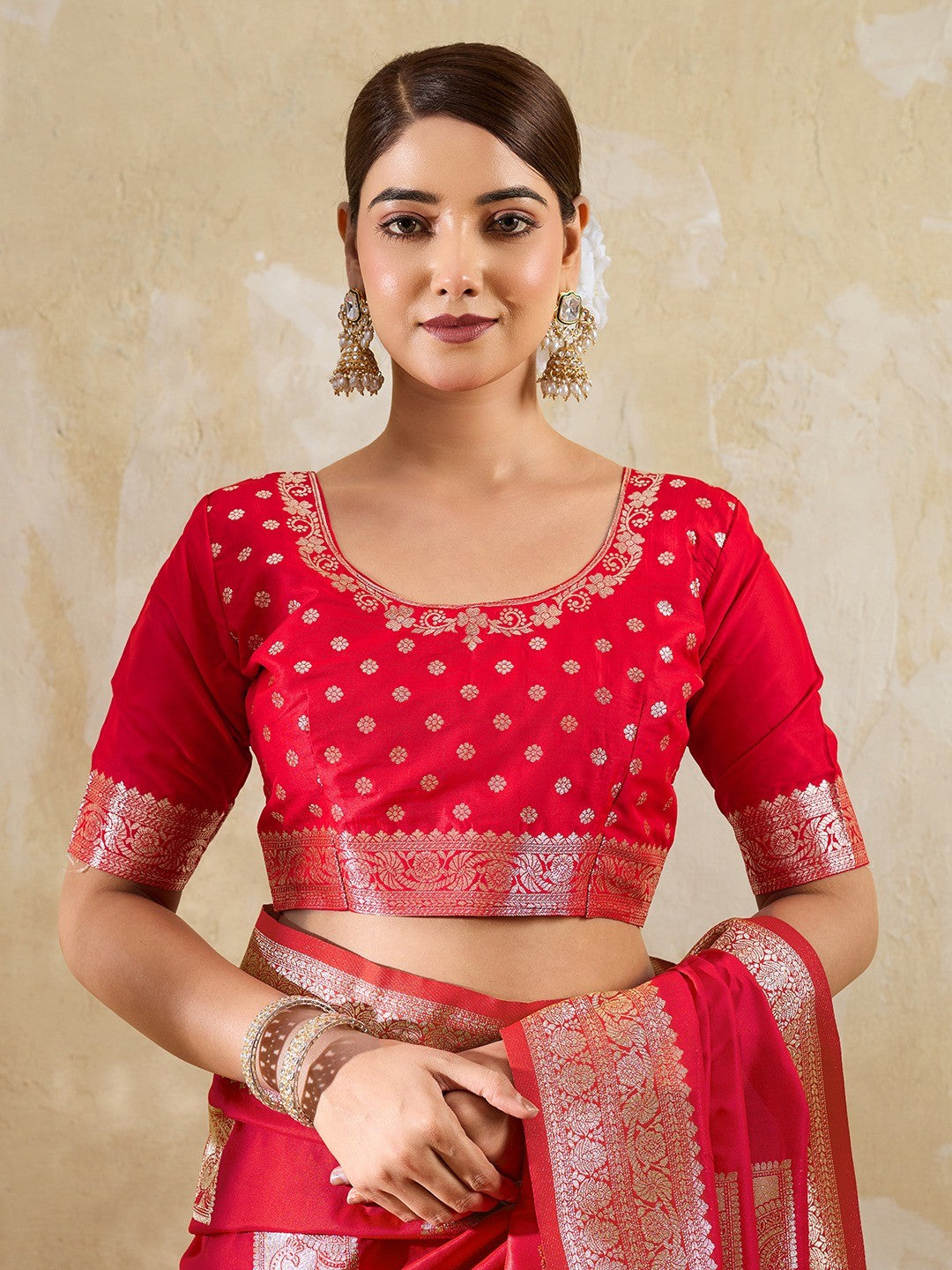 Designer Red Peacock & Floral Motif Silk Blend Saree Crafted With Elegant Zari Weaving Work