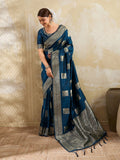 Designer Blue Peacock & Floral Motif Silk Blend Saree Crafted With Elegant Zari Weaving Work