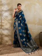 Designer Blue Peacock & Floral Motif Silk Blend Saree Crafted With Elegant Zari Weaving Work