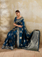 Designer Blue Peacock & Floral Motif Silk Blend Saree Crafted With Elegant Zari Weaving Work