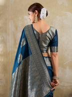 Designer Blue Peacock & Floral Motif Silk Blend Saree Crafted With Elegant Zari Weaving Work