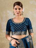 Designer Blue Peacock & Floral Motif Silk Blend Saree Crafted With Elegant Zari Weaving Work